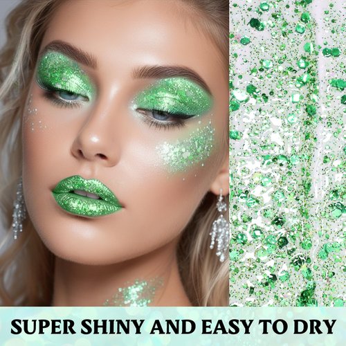 DAGEDA 40ml Green Body Glitter Gel, Mardi Gras Face Glitters Shimmer Liquid Eyeshadow for Rave Accessories, Chunky Glitter for Hair Face Body, Holographic Laser Powder Festival Glitter Makeup