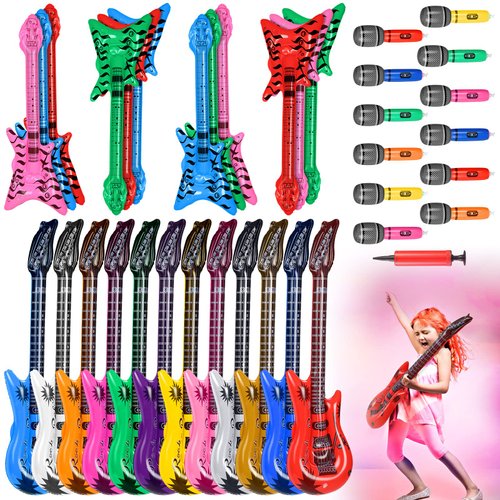 Chitidr 37 Pcs Inflatable Rock Star Instrument Set, 12 Blow up Guitar 36 Inch 12 Inflatable Microphone 12 Inflatable Bass with a Pump for 80s Themed Party Carnival Birthday Party Decorations