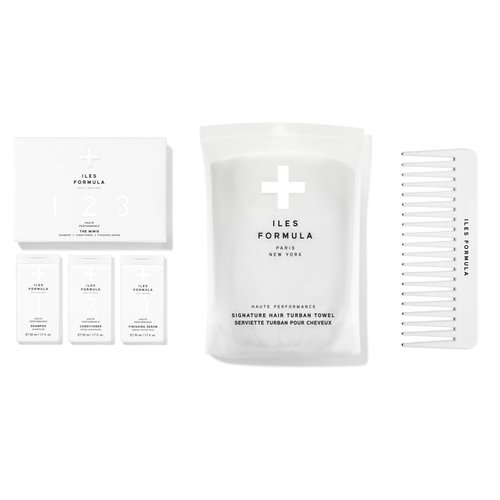 Iles Formula Limited Travel Edition Hair Care Set with Mini Shampoo, Conditioner, Finishing Serum, Comb, & Absorbent Turban Hair Towel, Travel-Friendly