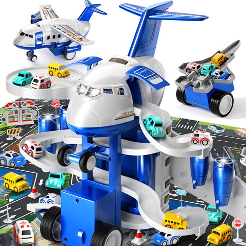 Kids Airplane Toy Racing Tracks Toy for Kids 3 4 5 6 7 Boys - Toy Airplane Small with 8 Car Toy, Garage Parking Lot, Car Carpet for Kids Playmat, Kids Toy, Birthday Gifts for Boys Girls 3-5