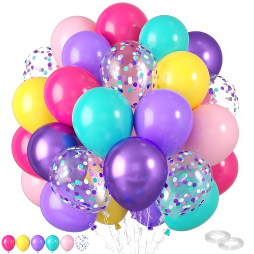 Pink Blue Purple Balloons,60 Pcs 12 Inches Rose Red Pink Purple Teal Yellow Metallic Purple Balloons Confetti Balloons for Kids Birthday Decoration Birthday Party Wedding Decorations Supplies.