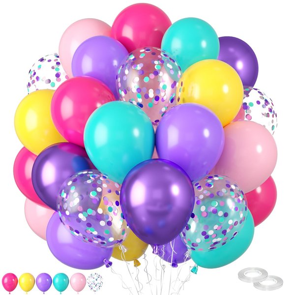 Pink Blue Purple Balloons,60 Pcs 12 Inches Rose Red Pink Purple Teal Yellow Metallic Purple Balloons Confetti Balloons for Kids Birthday Decoration Birthday Party Wedding Decorations Supplies.