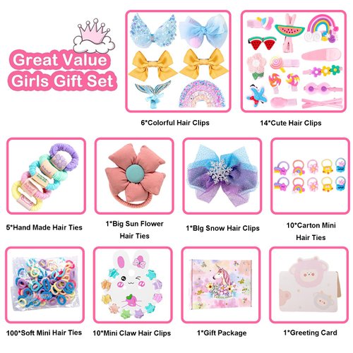 Qopoto Hair Accessories Kits for Girls, Hair Set for Girls Including Hair Clips/Hair Barrettes/Hair Ties/Hair Bows, Little Girls Teen Girl Birthday Gifts Age 4-15 (Pink)