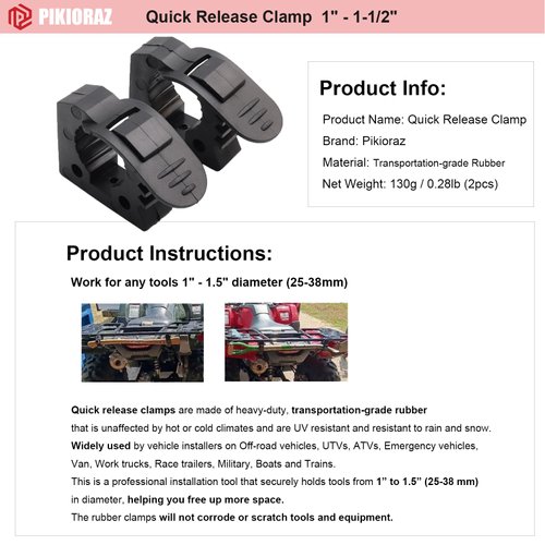 Pikioraz 2PCS Quick-Release Clamp Mount, Rubber Clamp Grip for 1" - 1-1/2" Diameter Tools and Equipment Used on Off-road vehicle, UTV, ATV, Van, Trucks, Boat & Train