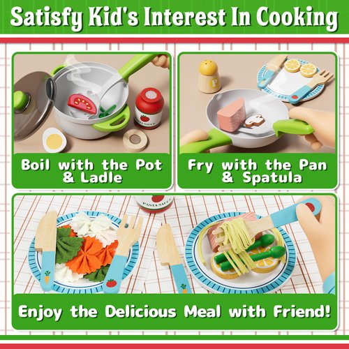 Lehoo Castle Play Food Sets for Kids Kitchen, Wooden Toys Play Kitchen Accessories with Pot and Pan, Pizza Toy Pretend Play for Toddlers 3-5, Realistic Pasta Felt Play Food Set, 3 Year Old Girl Gift