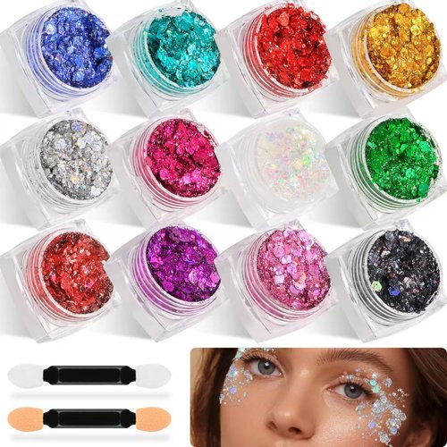 Nafaboig Face Glitter Hair Glitter, 12 Colors Glitter Freckles Face Tattoo, Glitter Gel for Body Face Hair Nail Eye Makeup Festival and Party Decoration