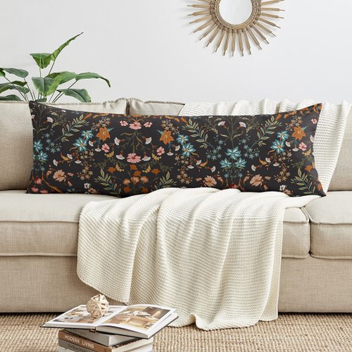 Sweet Jojo Designs Boho Bohemian Farmhouse Black Orange Wildflower Garden Floral Accent Decorative Couch Long Lumbar Throw Zipper Body Pillow Cover Case 54x20 Botanical Flower Vintage Print Room Decor
