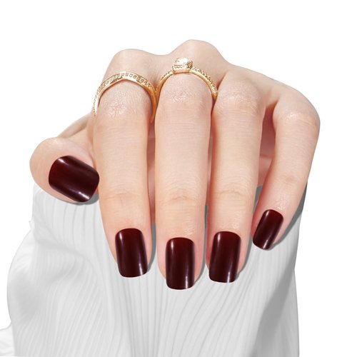 Frinail Press on Fake Nails Wine Red Short Square Glue on Nails,Gel Manicure Glossy Acrylic Stick on False Nails Kit for Women Girls, 24PCS 12 Size Nails for Small/Flat/Medium/Gig/Long Nail Beds