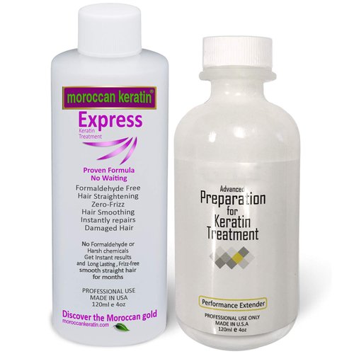 Moroccan Keratin Express Formaldehyde-Free Brazilian Keratin Hair Treatment Kit Blowout Straightening No Wait Formula Natural Organic Results with Booster Keratina Para Alisar El Pelo