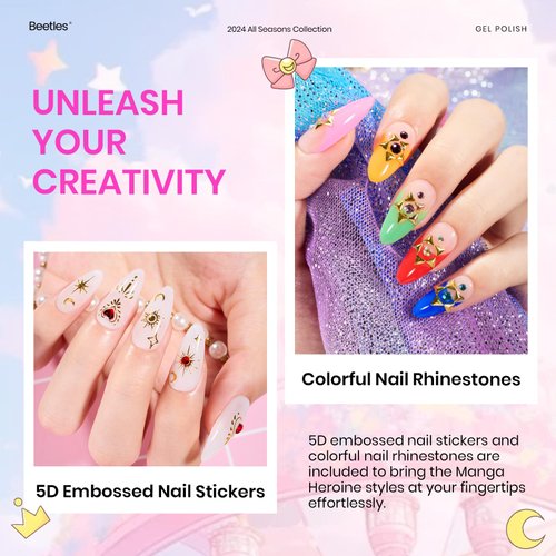 beetles Gel Polish Set 20 Summer Gel Nail Polish Colors Pink Orange Glitter Gel Polish Kit Manga Heroine Collection with Nail Stickers Nail Rhinestones 3Pcs Base Top Coat Soak off Uv Gift for Girls