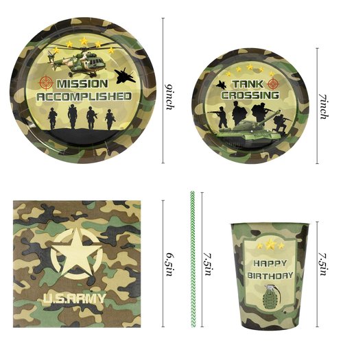 Army Birthday Party Supplies Decorations, Camo Theme Birthday Paper Plates and Napkins Set with Cups and Straws for 24 Guests, 120 Pcs Disposable Party Dessert Dinnerwares