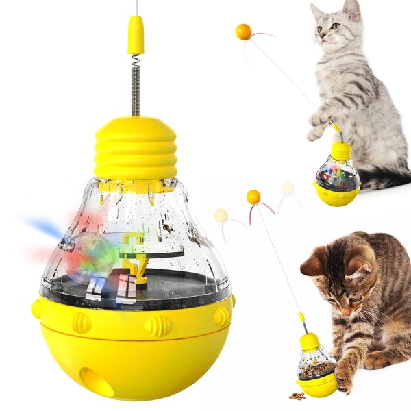 VoLvaR Light Bulb Tumbler cat Toy, Never Knocked Over by Cats, high Elasticity cat Teaser Stick, Slow Food Distribution Toy, Cat's Enlightenment Puzzle Toy - Blue (Yellow)