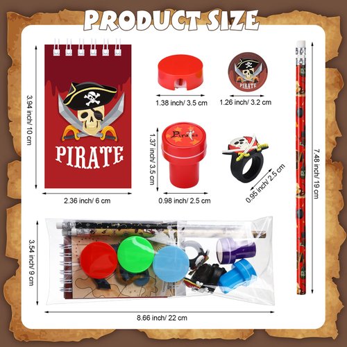 Seajan 96 Pcs Pirate Party Favors Captain Pirate Gifts Pirate Notepads Pencils Stickers Stampers Rings Sharpeners Tattoo Stickers for Pirate School Stationery Pirate Birthday Decoration Supplies