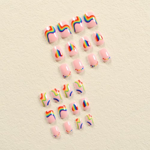 24Pcs Valentine Day Press on Nails Short Square Fake Nails Rainbow Stripes Hearts Colorful Glue on Nails Petite Reusable Acrylic Nails for Women Girls Gay Valentines False Nails