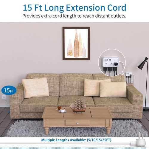 Extension Cord 15 ft, Surge Protector Power Strip with 6 Widely Outlets 4 USB Ports, Flat Plug, Wall Mount Outlet Extender, 1080 Joules, Multiple Outlets for Indoor Home Office, Dorm Room Essentials
