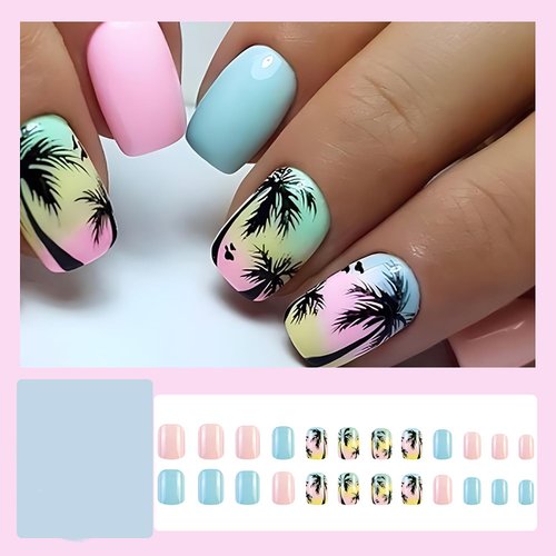 24 Pcs Short Square Press on Nails Colorful RIICFDD Fake Nails Summer Beach Style False Nails with Coconut Palm Designs Artificial Glossy Acrylic Nail Full Cover Glue on Nails for Women Girls