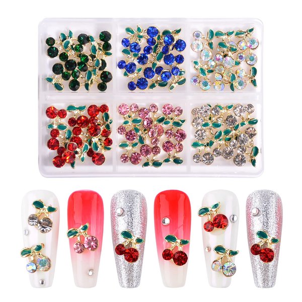 Nail Art Rhinestones Gold 3D Cherry Nail Charms, 60Pcs Cherry Crystal Diamond Fruit Nail Charm for Nails Design Metal Alloy Rhinestone Jewelry DIY Crafts Supply(6 Colors,Cherry)