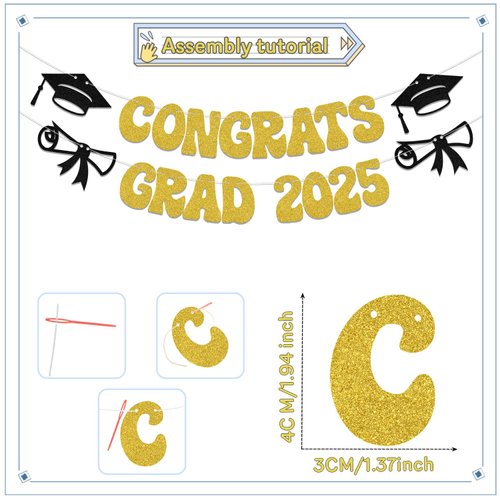 Congrats Grad 2025 Banner Graduation Theme Party Decoration Graduation Banners Garland for Congratulation Graduation Party Supplies Graduation Decorations Class of 2025 Gold