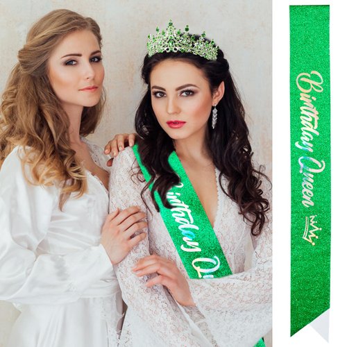 VELSCRUN Birthday Queen Tiara Crowns for Women Girls Green Crystal Birthday Queen Headband Sash Elegant Princess Crown Happy Birthday Party Decorations Mom Sisters Birthday Gift Hair Accessories