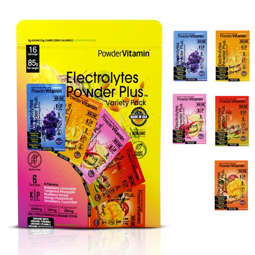 PowderVitamin Electrolytes Powder Plus, Keto, Variety Pack B, Sugar Free, Pink Himalayan Salt, 1000mg Potassium, 120mg Calcium, 120mg Magnesium, Non-GMO, Zero Calories, (16 Hydration Packets)