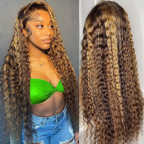 QueenYoung Deep Wave Highlight Lace Frontal Wigs Human Hair Pre Plucked Honey Blonde Hd Ombre Lace Front Wig Human Hair 13x4 Lace Front Wigs Human Hair 180 Density 18inch