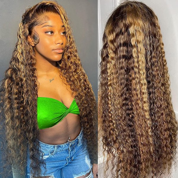 QueenYoung Deep Wave Highlight Lace Frontal Wigs Human Hair Pre Plucked Honey Blonde Hd Ombre Lace Front Wig Human Hair 13x4 Lace Front Wigs Human Hair 180 Density 18inch