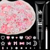 1200Pcs 3D Multi Shapes Nail Charms and Flatback Pearls, White&Pink Mix styles Heart Star Bow Sunflower Embellishments for Nail Art, Craft and Decoration with Glue Gel, Tweezer and Pickup Pencil