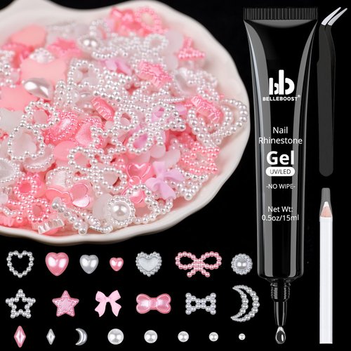 1200Pcs 3D Multi Shapes Nail Charms and Flatback Pearls, White&Pink Mix styles Heart Star Bow Sunflower Embellishments for Nail Art, Craft and Decoration with Glue Gel, Tweezer and Pickup Pencil