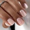 Press on Nails Short Square Fake Nails, 24Pcs Full Cover Nude with Glitter Design Stick on Nails Coffin False Nails Artificial Acrylic Glue on Nails for Women and Women and Girls Daily Wear Nail Art