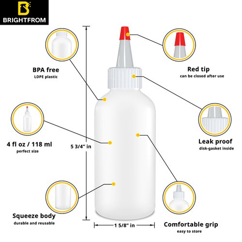 BRIGHTFROM Squeeze Hair Color Applicator Bottles with Red Top Cap, 4 OZ Empty Plastic Containers, Refillable, Leak Proof - Open/Close Nozzle - Multi Purpose/Coloring (Pack of 2)