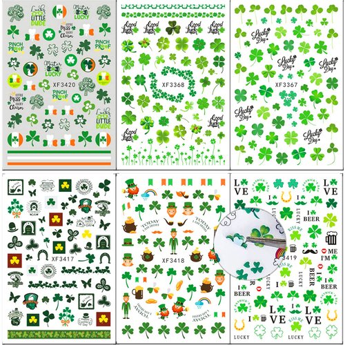 St. Patrick's Day Nail Art Stickers Decals 3D Exquisite Nail Art Supplies Self-Adhesive Green Lucky Clover Nail Decoration Nail Foil Art Supplies Nail Accessories Acrylic Nail Art