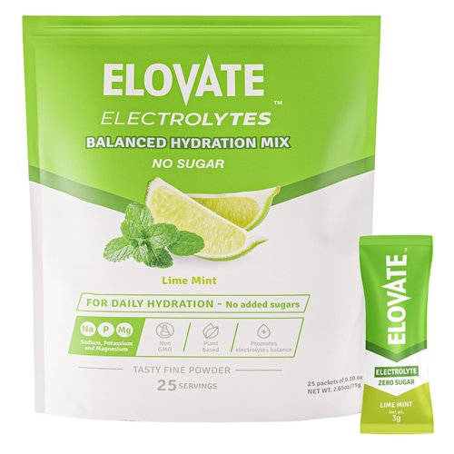 ELOVATE 15 Zero Sugar Electrolyte Drink Mix - Balanced Hydration Mix - Electrolytes Powder - Fine Powder Hydration Packets for Travel, Workout & More - 3g Per Stick (Lime Mint Flavor, Pack of 25)