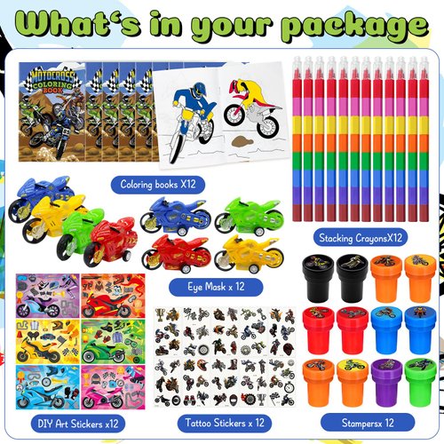 72 Pcs Dirt Bike Party Coloring Book Set,Motocross Birthday Party Favors Goodie Bags Fillers, Motorcycle Extreme Sports Party Supplies Face Stickers Tattoo Prizes Gift for Cross Country Racing Party