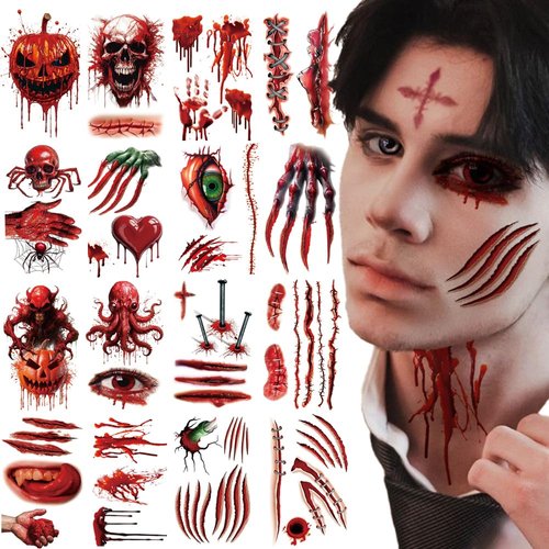 CMJSGG 16 Sheets Halloween Temporary 3D Scar Realistic Fake Tattoos Horror Scar Zombie Bloody Wound Tattoo Stickers Halloween Body Face Art Makeup Tattoos for Women Men Kids Party Supplies, Red