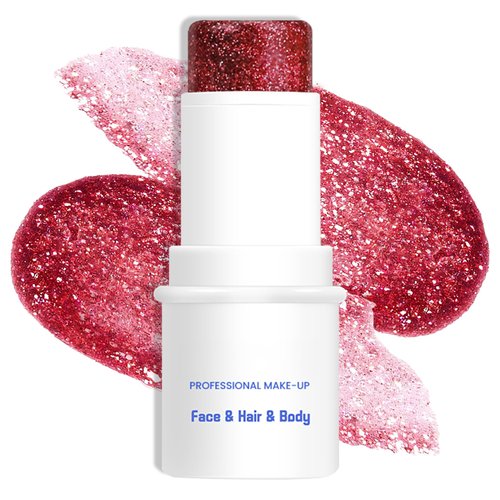 LOKFAR Red Body Glitter & Face Glitter Makeup Stick, Multiuse Waterproof Face Glitter Gel for Face Body Hair Eye Lip, Holographic Sequins Hair Glitter Face Paint, Mermaid Accessories Makeup