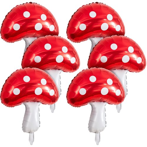 Lewtemi 6pc Red &amp; White Mushroom Balloons, Forest Theme Birthday Decor, 31 x 21 Inch, Unisex Part...