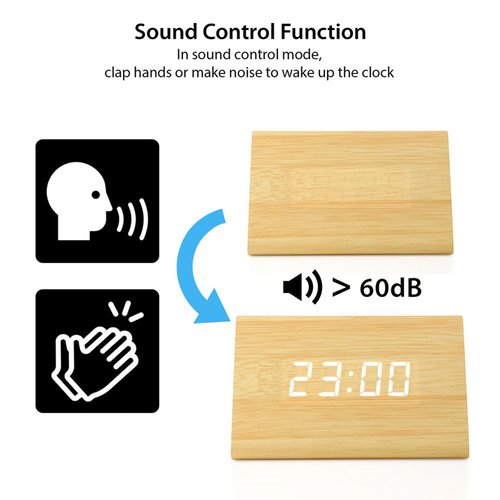 GEARONIC Digital Alarm Clock Wooden Alarm Clock Wood Modern Triangle Alarm Digital Desk Clock, Displays Time Date Temperature Calendar Wood Made Electric Clocks for Bedroom, Bedside - Bamboo