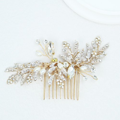 PTORIZNY Wedding Rhinestone Hair Comb Crystal Pearl Bride Hair Combs Gold Side Hair Combs Leaf Headpiece Bridal Hair Accessories for Women