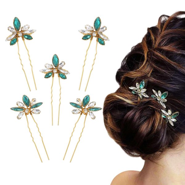 Yokawe Wedding Hair Pins Gold Rhinestone Bridal Hairpin Green Crystal Headpiece Hair Accessories for Women and Girls （Pack of 5）