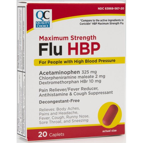 Quality Choice Maximum Strength Flu High Blood Pressure (HBP), Pain Reliever and Fever Reducer, Antihistamine & Cough Suppressant, Decongestant Free, for People with High Blood Pressure, 20 Count