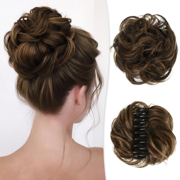 RUWISS Claw Clip Messy Bun Hair Piece Real Human Hair Buns Curly Chignon Hair Bun Extensions Wavy Tousled Updo Hair Buns Claw Clip Ponytail Hairpieces (Medium Brown Highlighted