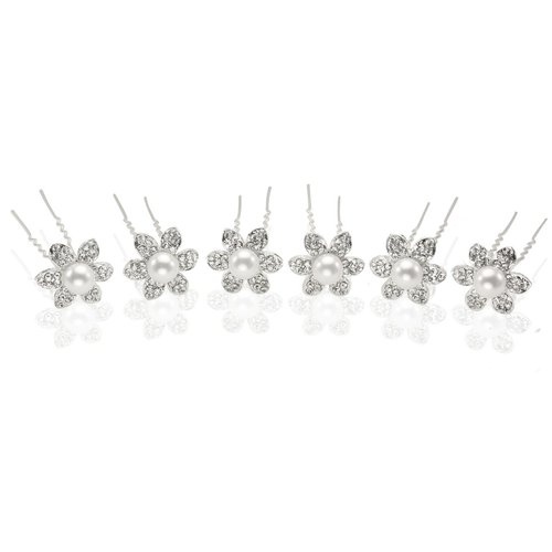 Rhinestone 7.5-8mm Faux Pearl Center Star Flower Silver Tone Bridal Hair Pins (Pack of 12)