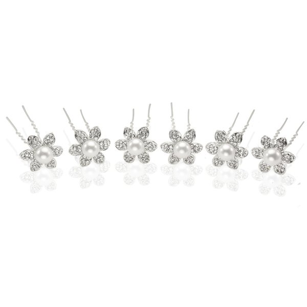 Rhinestone 7.5-8mm Faux Pearl Center Star Flower Silver Tone Bridal Hair Pins (Pack of 12)