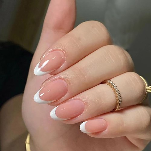 White French Tip Press on Nails Short Almond Fake Nails Nude Pink Glossy Design Full Cover False Nail Reusable Acrylic Glue on Nails for Women Girls Artificial Nails Manicure Decoration 24 PCs