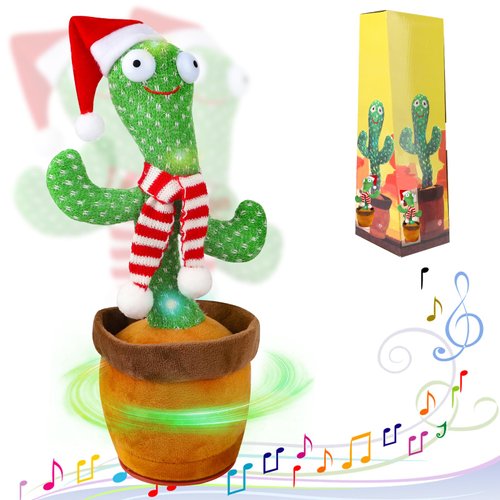 Funny Cactus Plush Toys with Box Dancing Singing Cactus Talking Mimicking Repeating Repeats What You Say with Babies Toy,Cactus has Halloween and Christmas Costumes Suitable for Kids