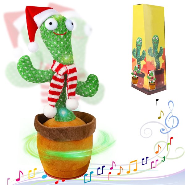Funny Cactus Plush Toys with Box Dancing Singing Cactus Talking Mimicking Repeating Repeats What You Say with Babies Toy,Cactus has Halloween and Christmas Costumes Suitable for Kids