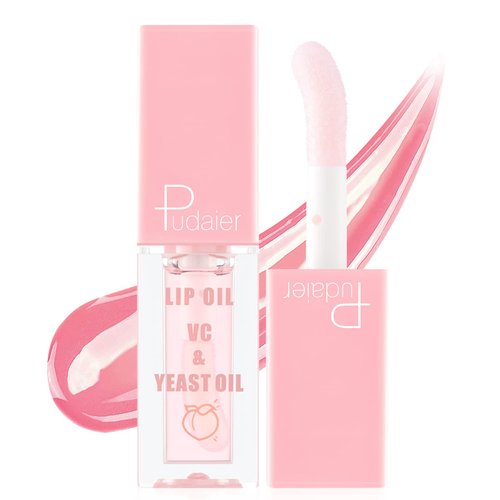 Pudaier Hydrating Lip Oil, Fruit Extract Lip Oil Tinted for Dry Lip and Lip Care, Shiny and Moisturizing Transparent Lip Oil Gloss (Peach)