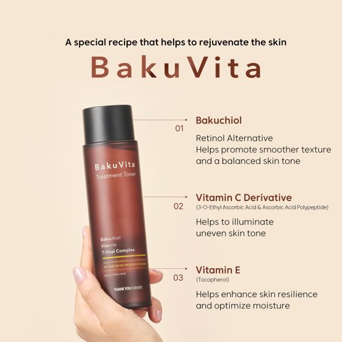 THANKYOU FARMER BakuVita Treatment Toner, Retinol Alternative Bakuchiol, Vitamin C+E Toner, Hydrating Toner, Slow Aging, Vegan Korean Toner for Face, 7.03 Fl oz (200ml)