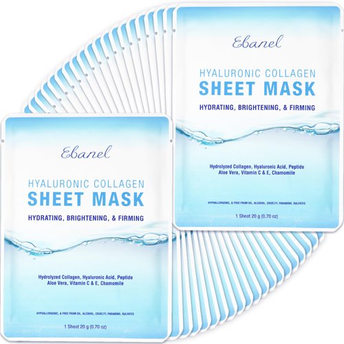 Ebanel 40 Pack Collagen Peptide Hydrating Face Masks, Instant Brightening Firming Anti Aging Face Sheet Masks, Moisturizing Spa Face Masks Skincare with Hyaluronic Acid, Vitamin C, Chamomile, Aloe