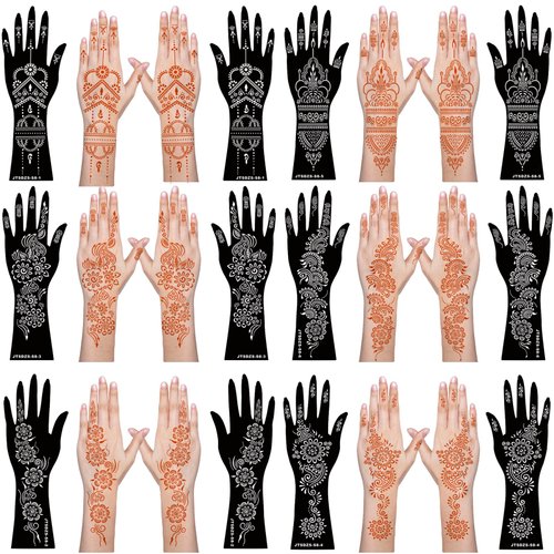 12 Sheets Henna Stencils Henna Tattoo Stencil Kit for Henna Tattoo Hand Forearm Glitter Airbrush DIY Tattooing Template, Indian Temporary Tattoo Stickers Mehndi Stencils for Hand Body Art